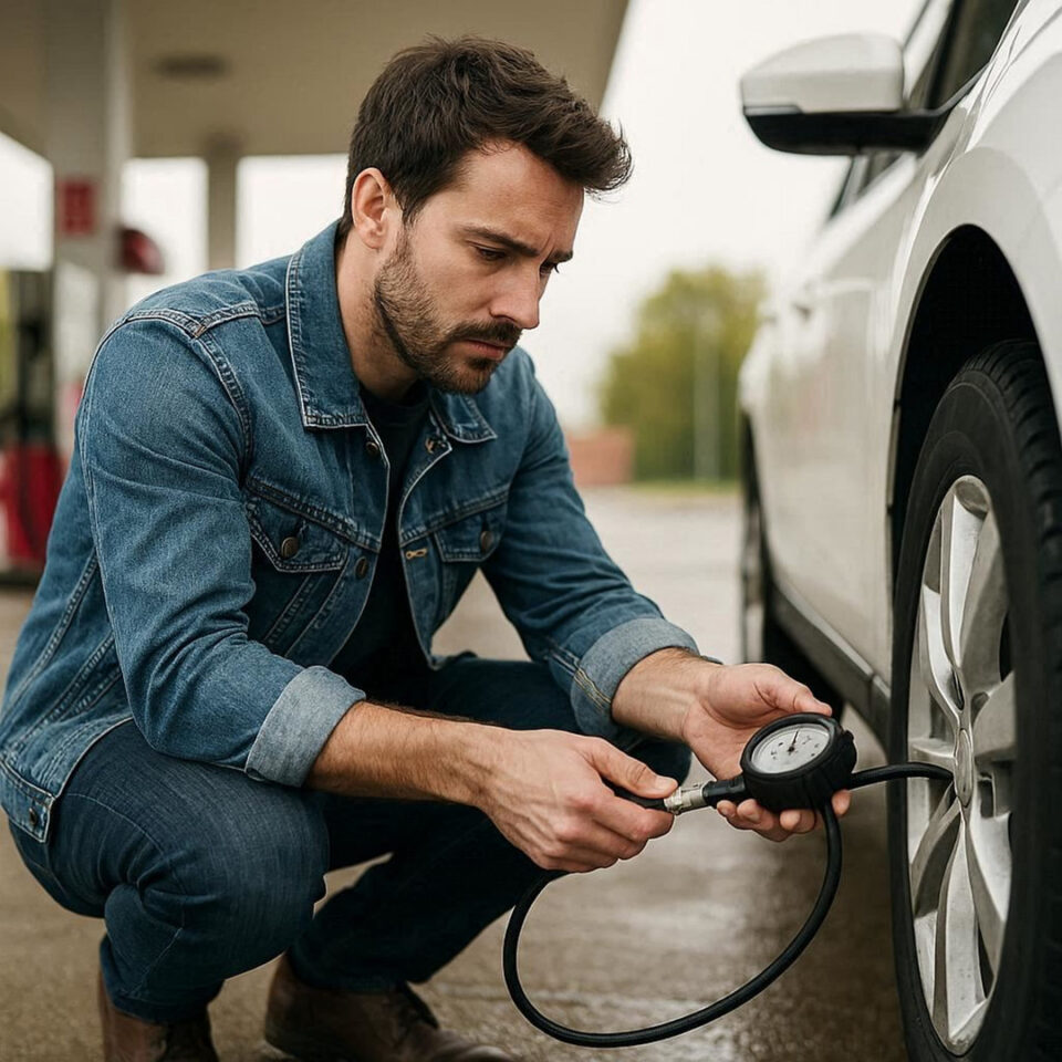 Meranie tlaku v pneumatikách v autoservise počas údržby vozidla